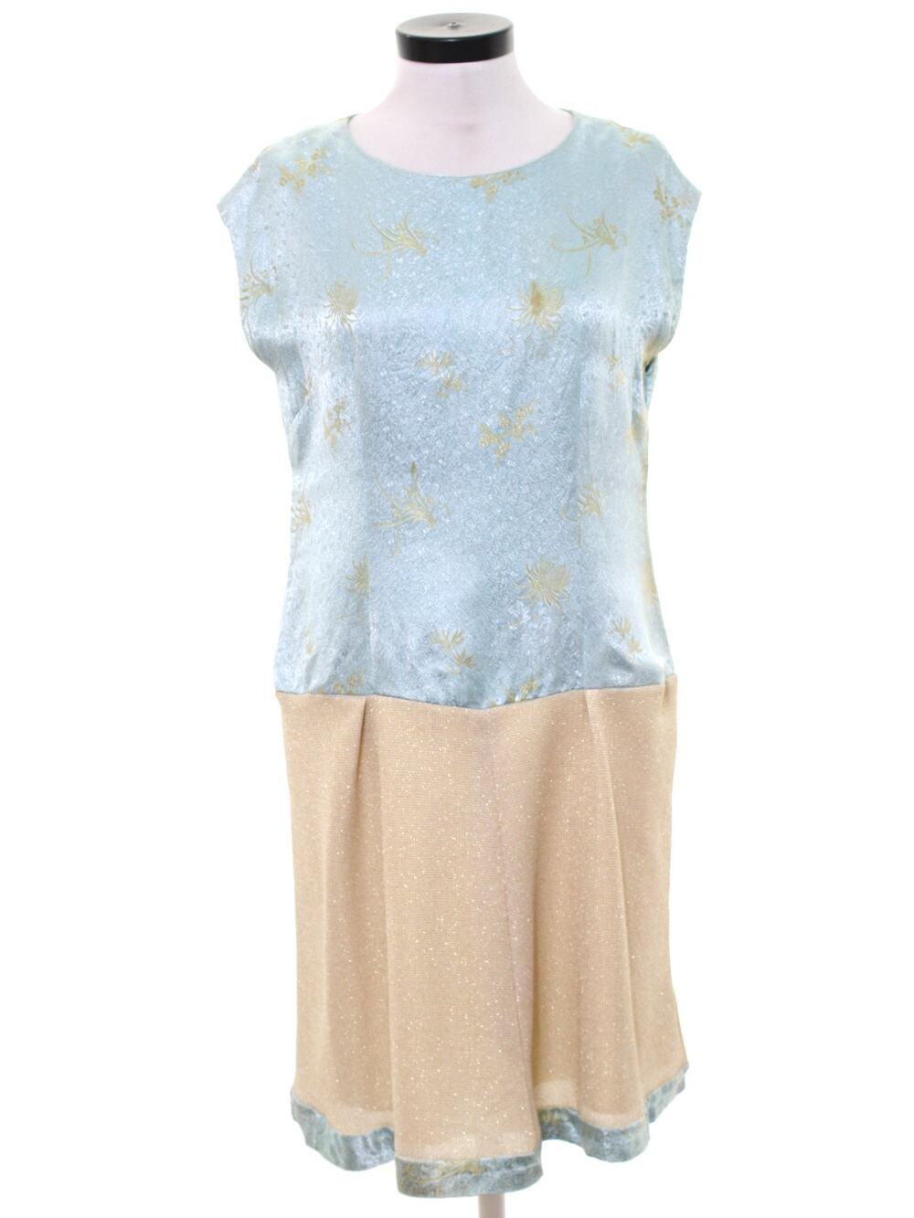 Vintage 70s Handmade Blue Gold Metallic Brocade Drop Waist Dress Women's Medium